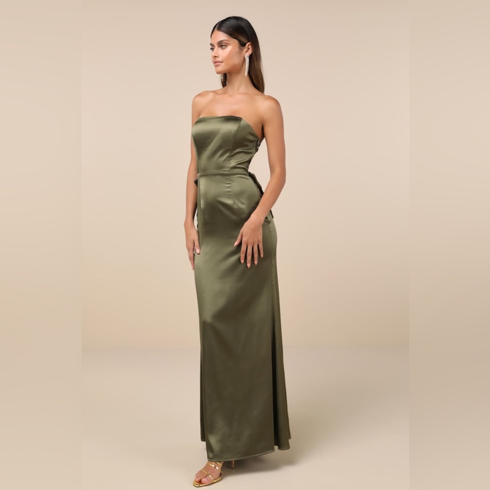 Lulus Absolutely Poised Olive Green Satin Strapless Bow Maxi Dress Sz XS NEW